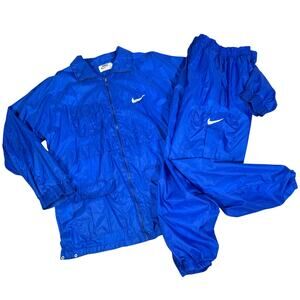 Vintage Nike 90s Blue Nylon Tracksuit Set Jacket Pants XL Made USA Swoosh Zip Up